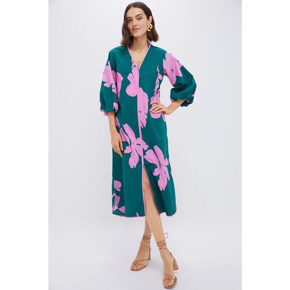 HYACINTH HOUSE Hunter Green & Pink Floral Arem Caftan Size XS NWT - Picture 1 of 8
